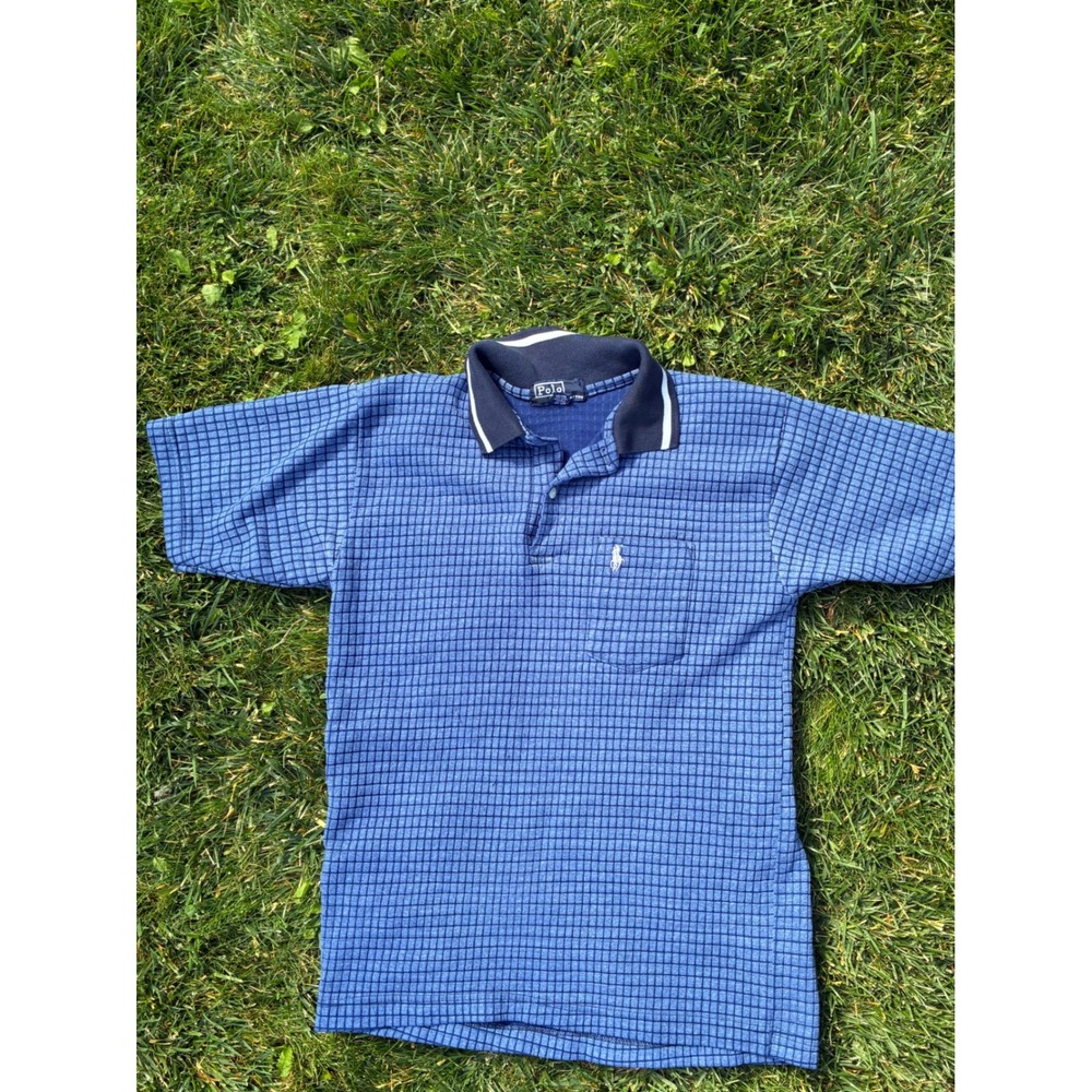 Vintage Polo Ralph Lauren Blue Grid Waffle Knit Pocket Polo Shirt Mens Medium